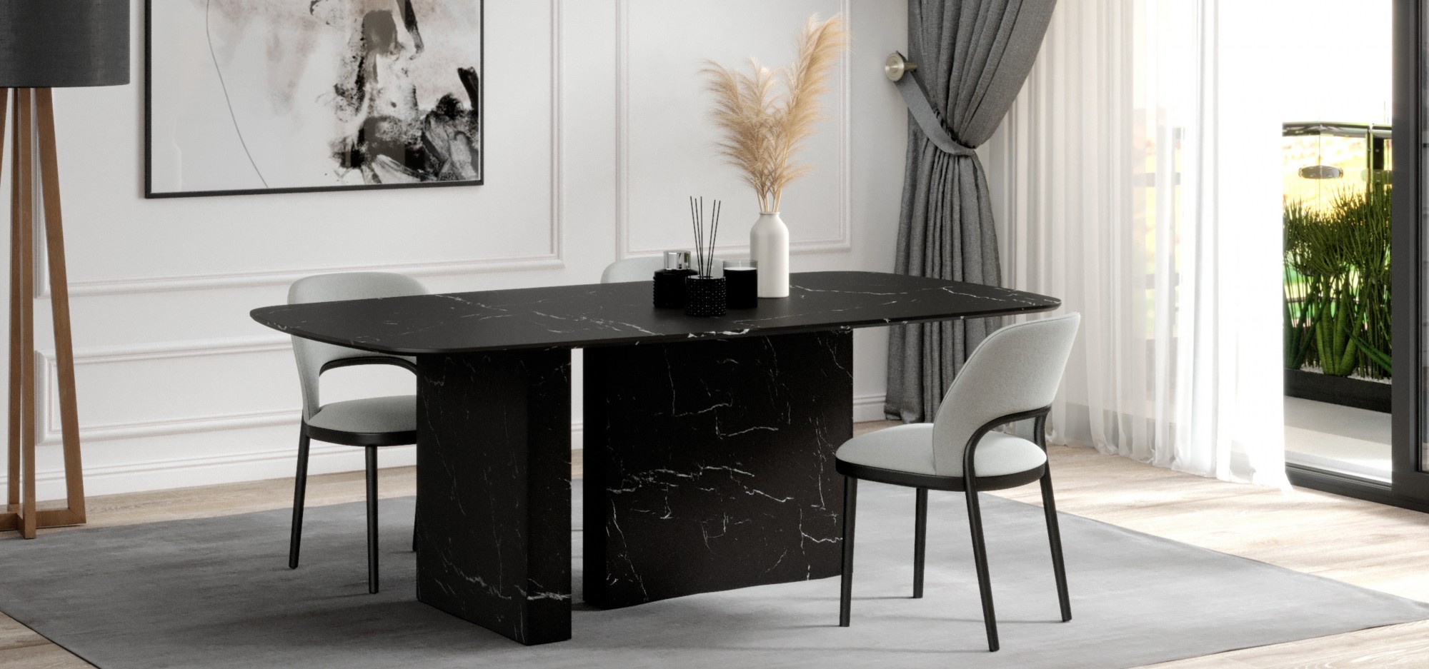 The elegance and sobriety of Nero Marquina marble on the ANTA dining table.